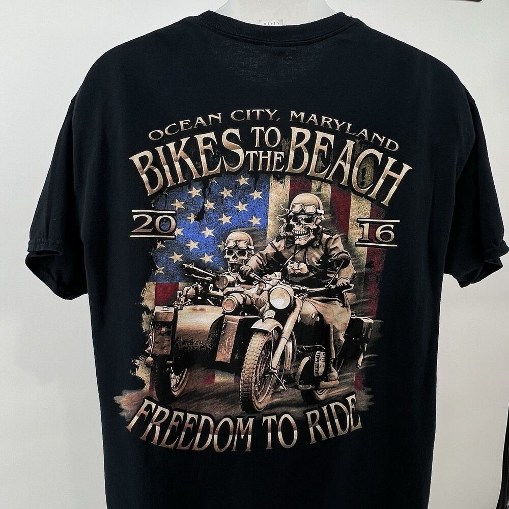Ocean City MD Bikes To The Beach Rally T Shirt Mens L Black Biker Skulls US Flag